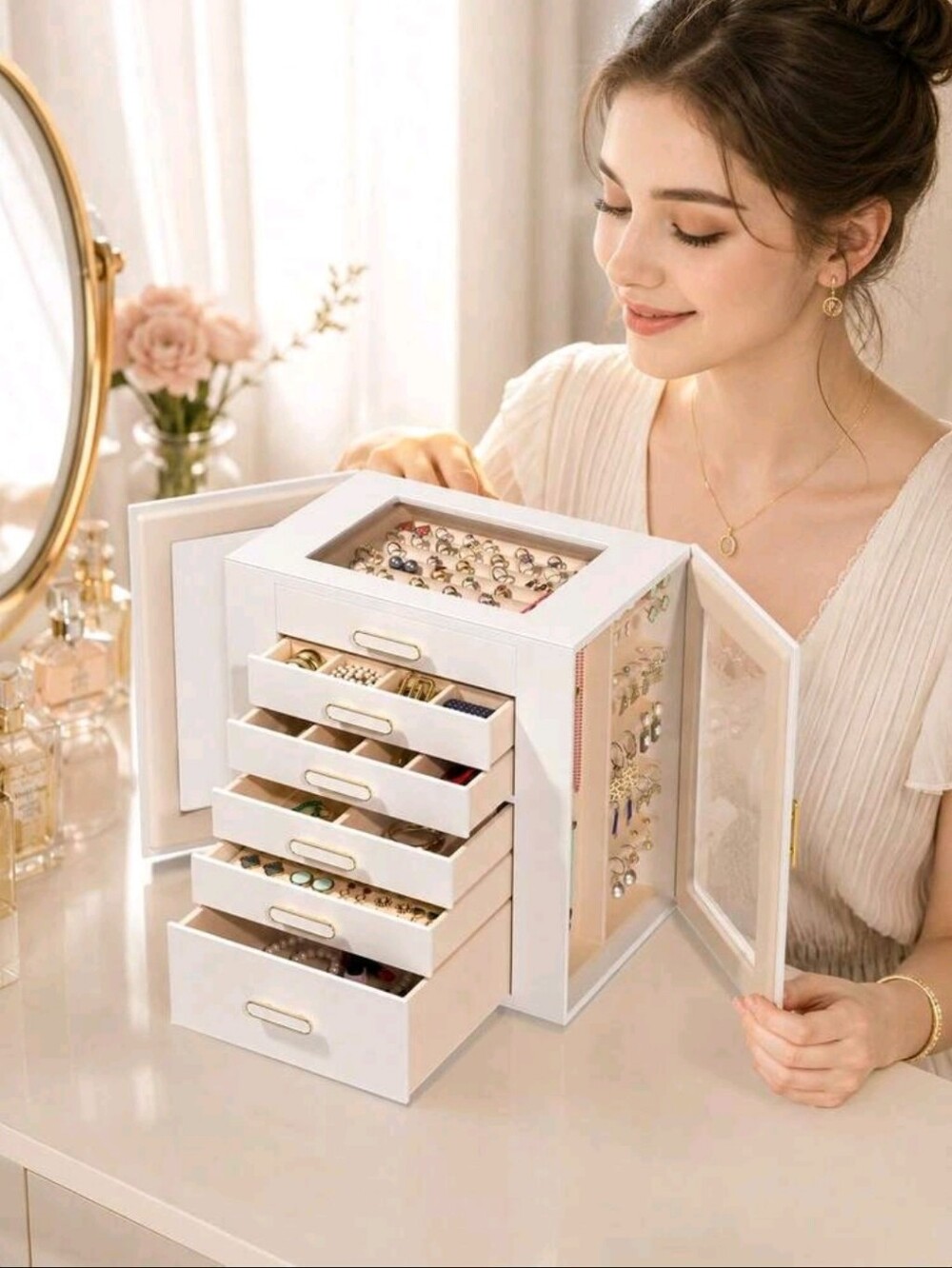 White Jewelry Storage Box with Mirrors - Elegant Multi-Drawer Organizer - Picture 4 of 7